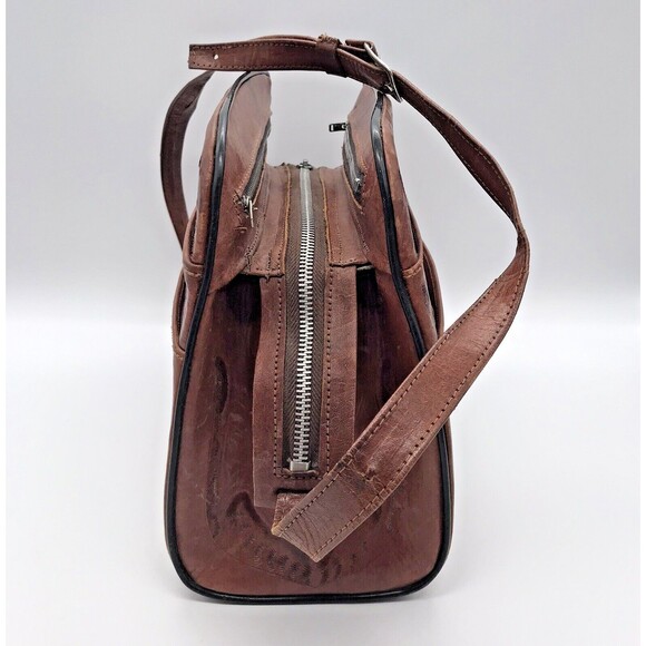 Vintage 60s Artisan Hand Tooled Carved Leather Rose & Indian Shoulder Bag Mexico - Picture 6 of 10